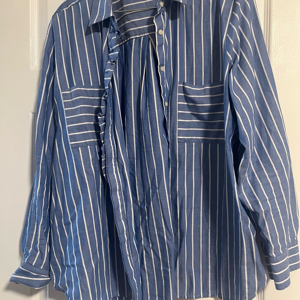 LOFT Blue and White Striped Button Down Shirt